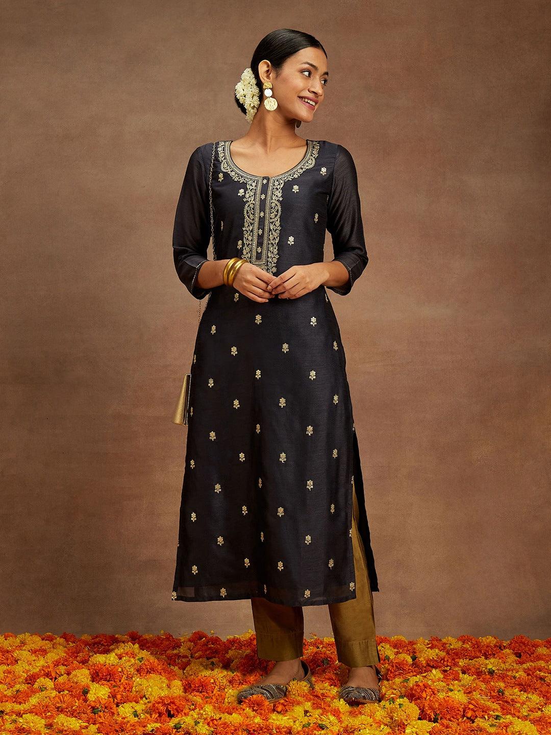 Grey Embroidered Silk Straight Kurta - ShopLibas