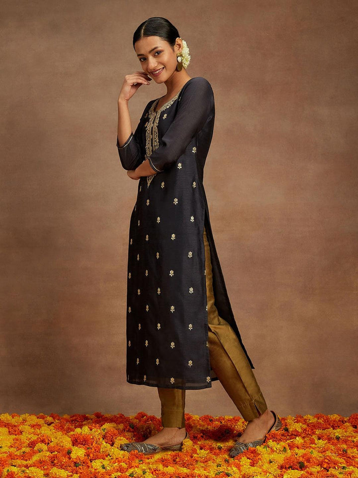 Grey Embroidered Silk Straight Kurta