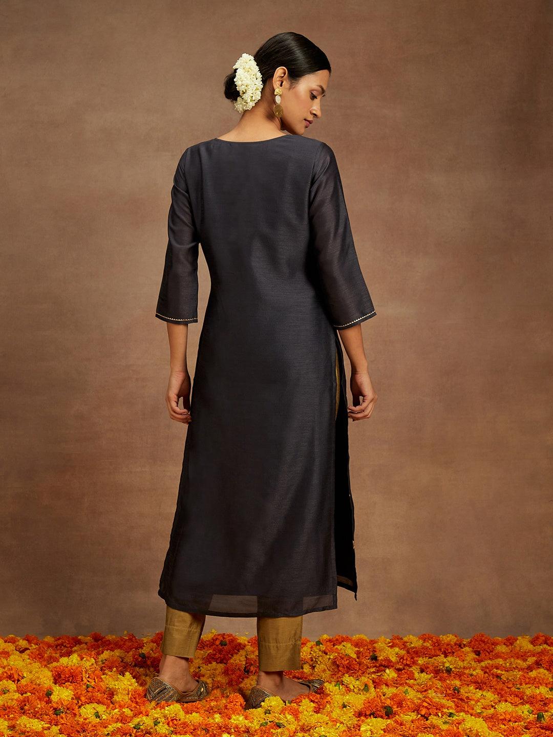 Grey Embroidered Silk Straight Kurta - ShopLibas