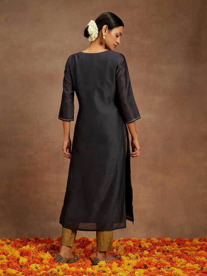 Grey Embroidered Silk Straight Kurta