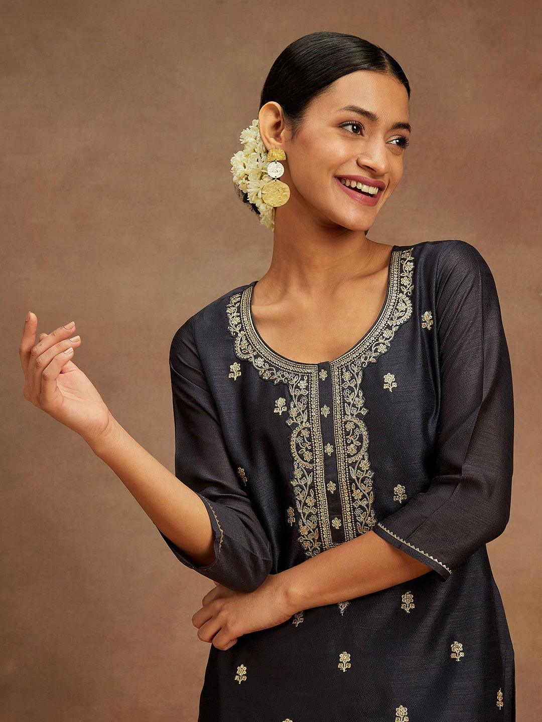 Grey Embroidered Silk Straight Kurta - ShopLibas