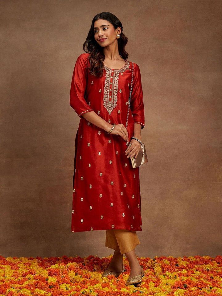 Rust Embroidered Silk Straight Kurta