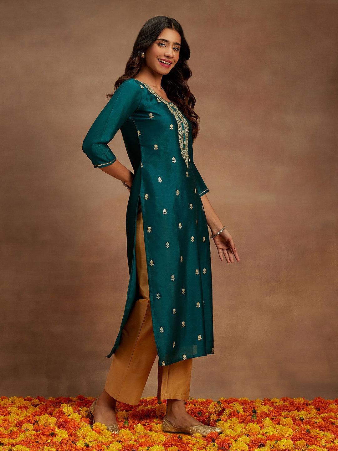 Teal Embroidered Silk Straight Kurta - ShopLibas