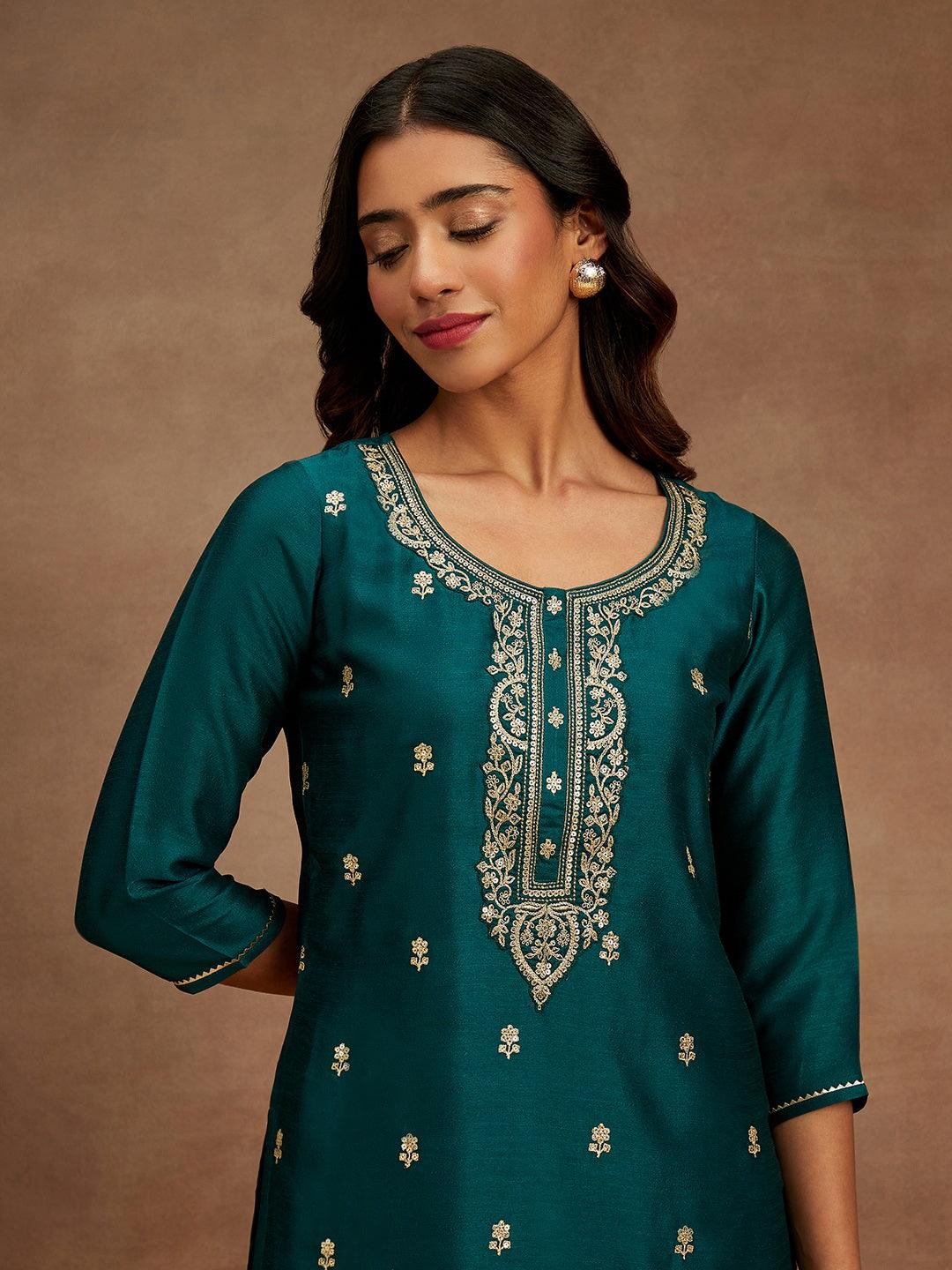 Teal Embroidered Silk Straight Kurta - ShopLibas