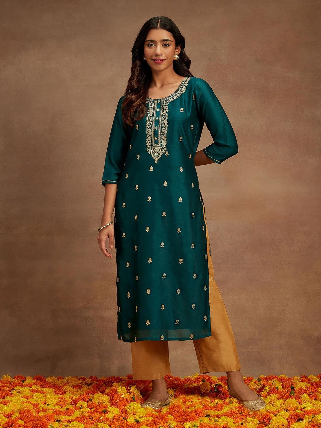 Teal Embroidered Silk Straight Kurta - ShopLibas