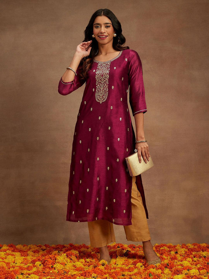 Purple Embroidered Silk Straight Kurta