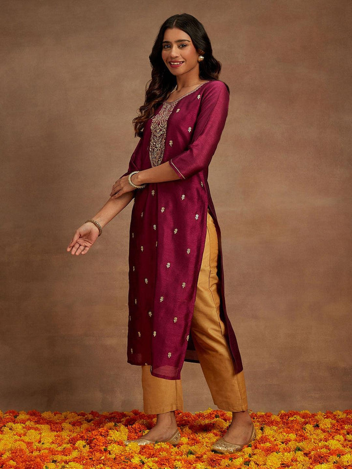 Purple Embroidered Silk Straight Kurta