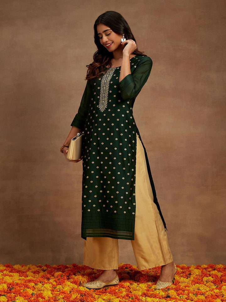 Green Woven Design Chanderi Silk Straight Kurta