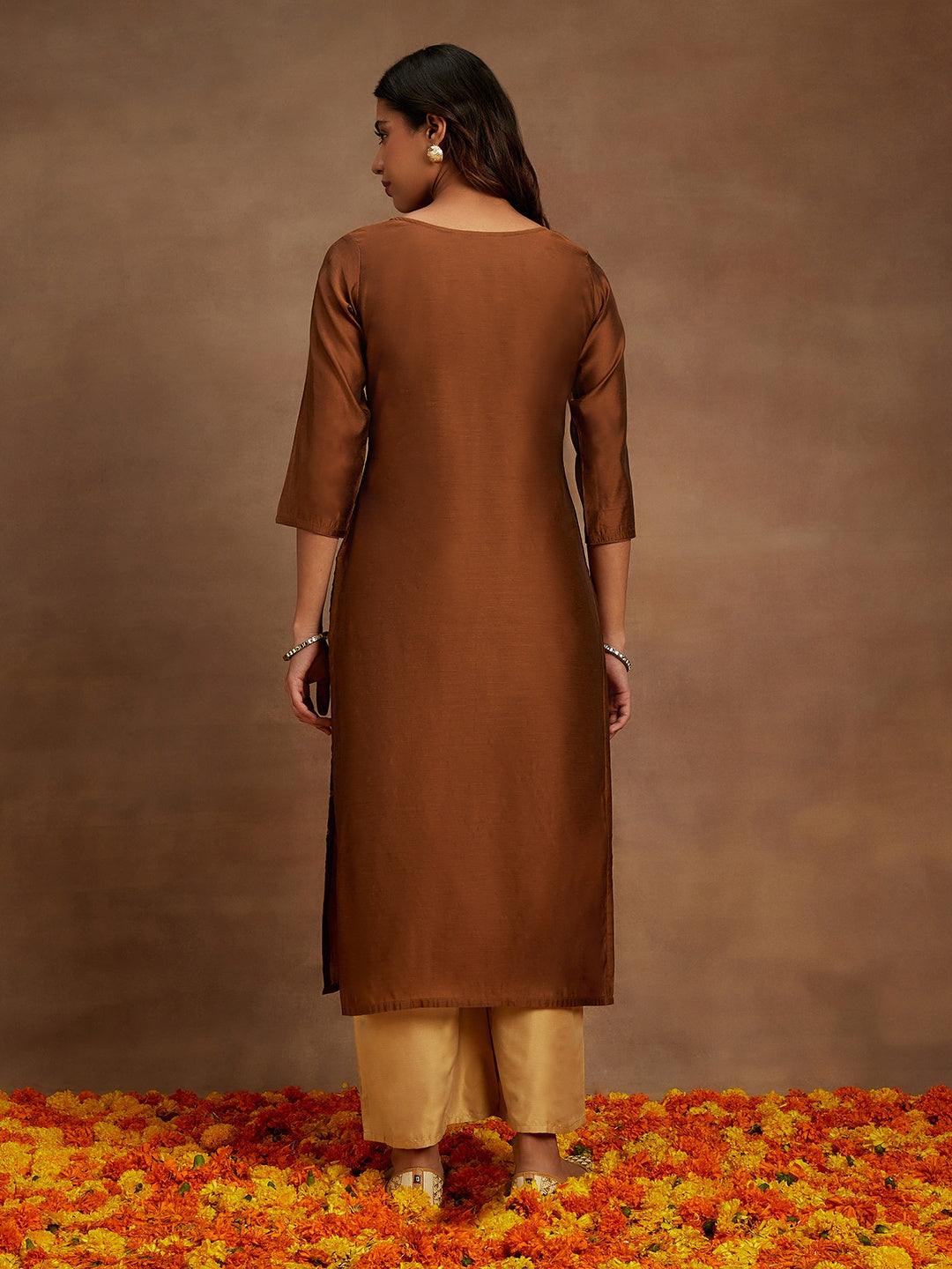 Brown Woven Design Chanderi Silk Straight Kurta - ShopLibas