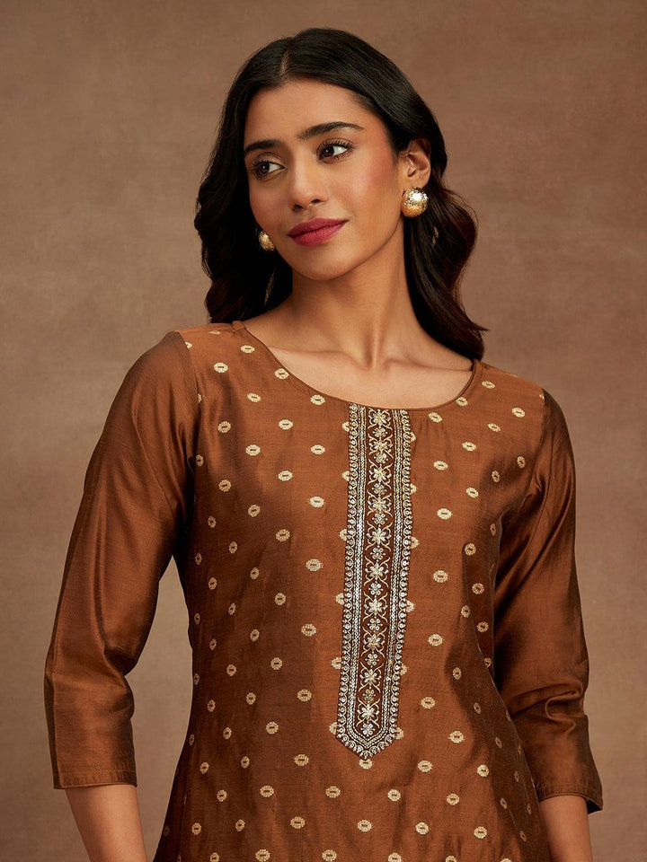 Brown Woven Design Chanderi Silk Straight Kurta