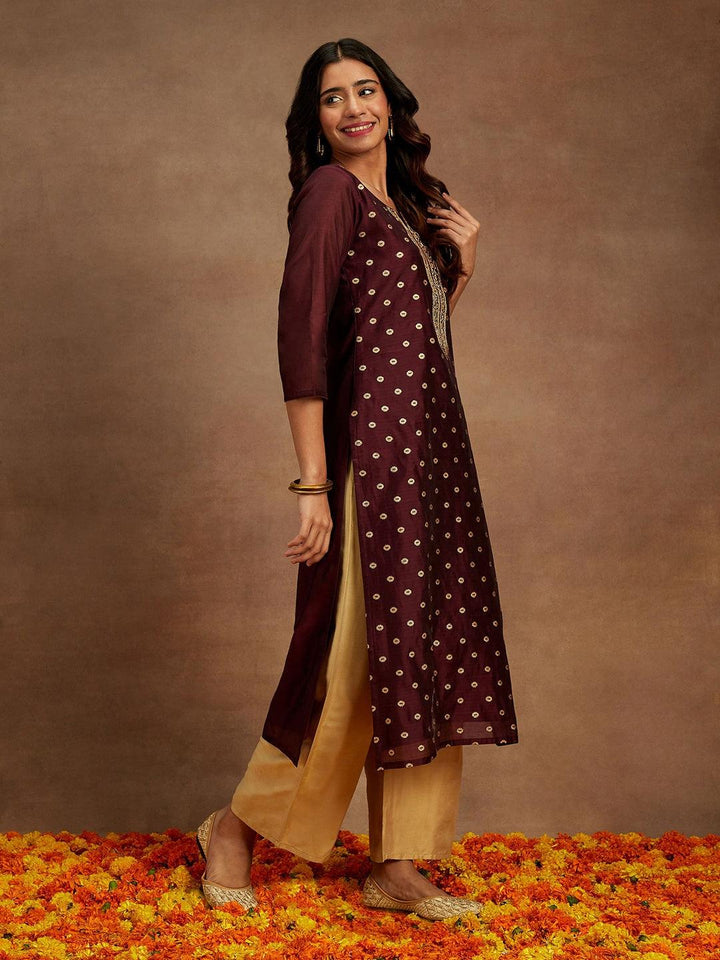 Wine Woven Design Chanderi Silk Straight Kurta