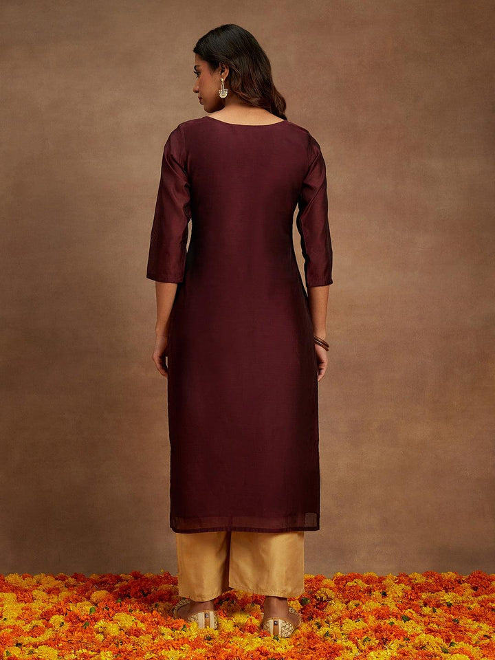 Wine Woven Design Chanderi Silk Straight Kurta
