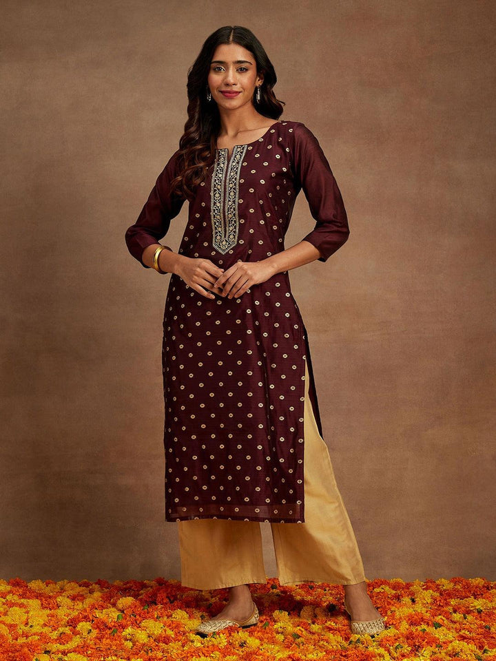 Wine Woven Design Chanderi Silk Straight Kurta