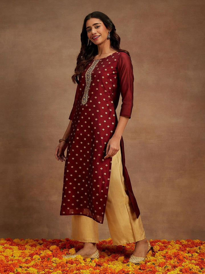 Maroon Woven Design Chanderi Silk Straight Kurta