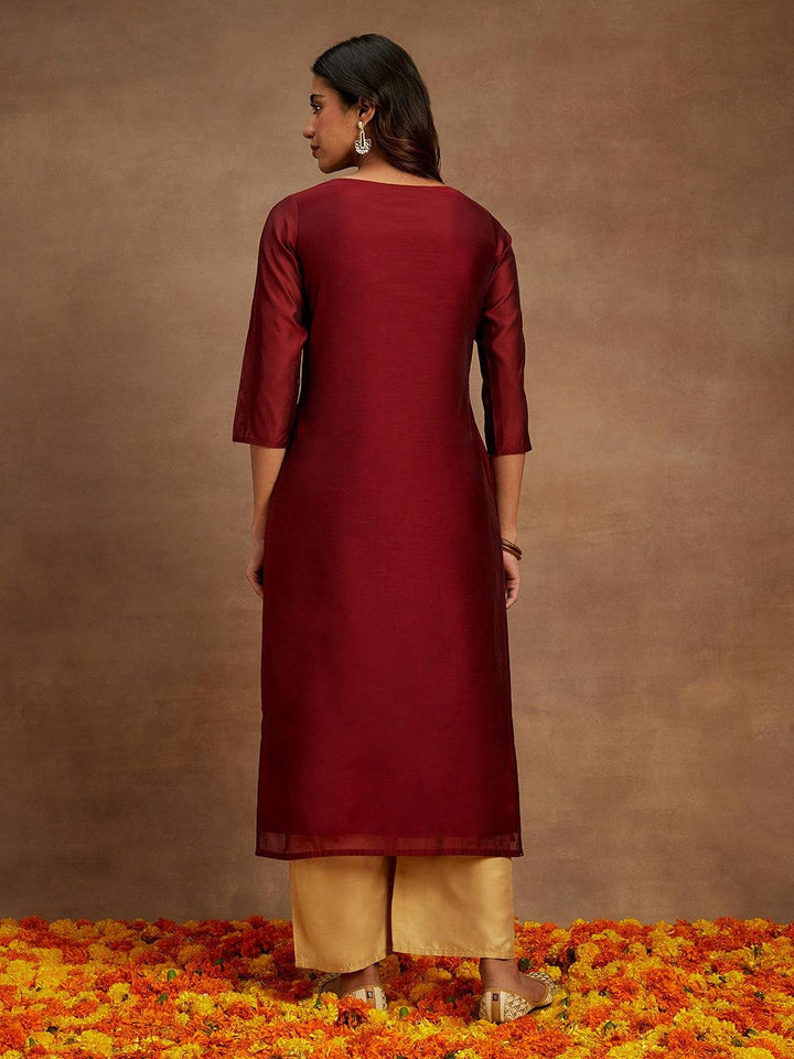 Maroon Woven Design Chanderi Silk Straight Kurta
