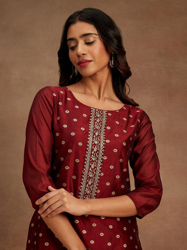 Maroon Woven Design Chanderi Silk Straight Kurta