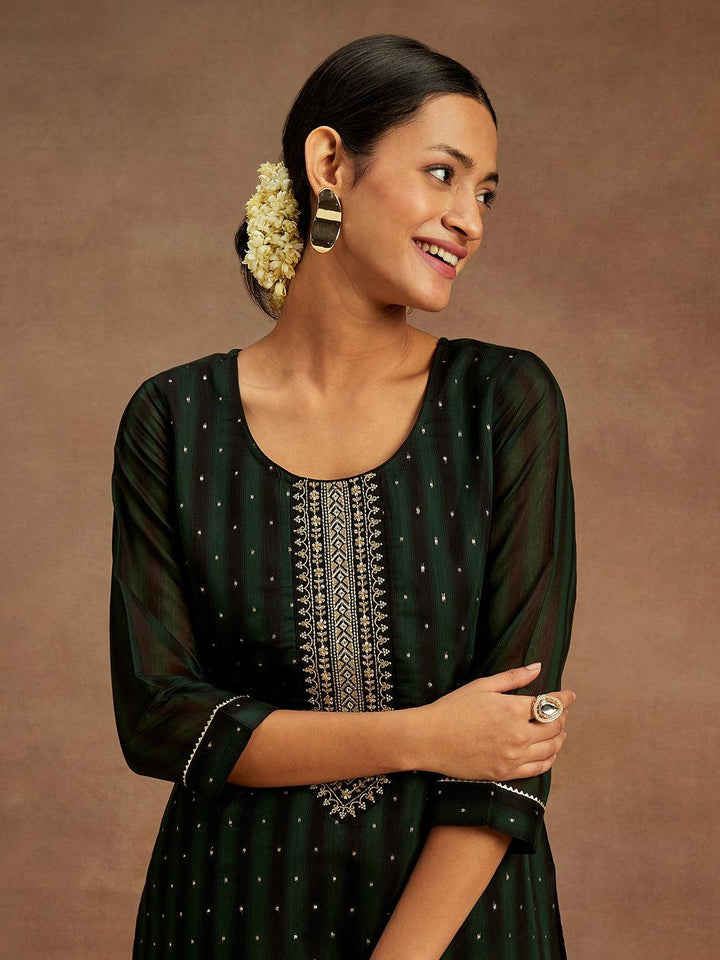 Green Woven Design Chanderi Silk Straight Kurta