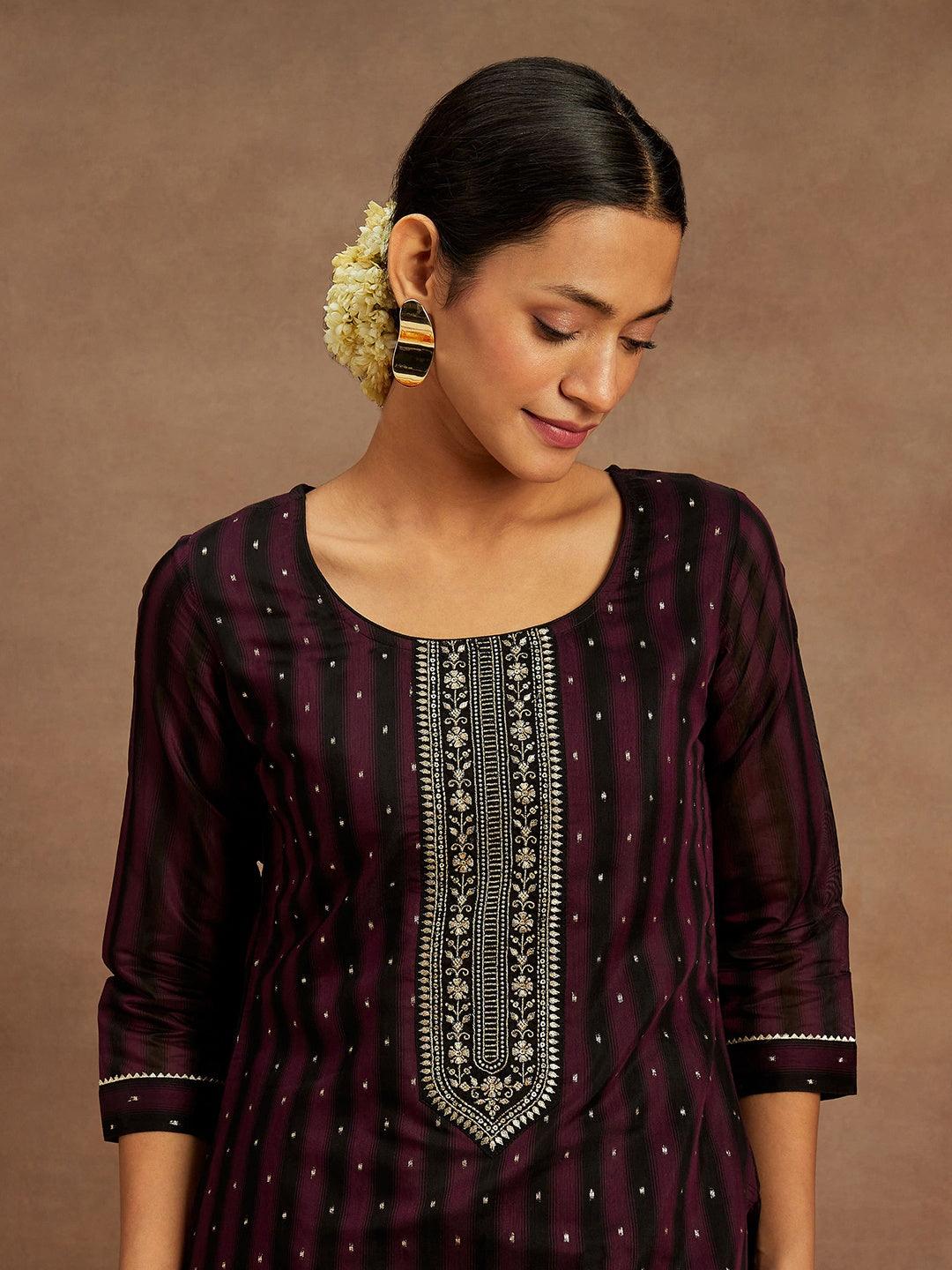 Purple Woven Design Chanderi Silk Straight Kurta - ShopLibas