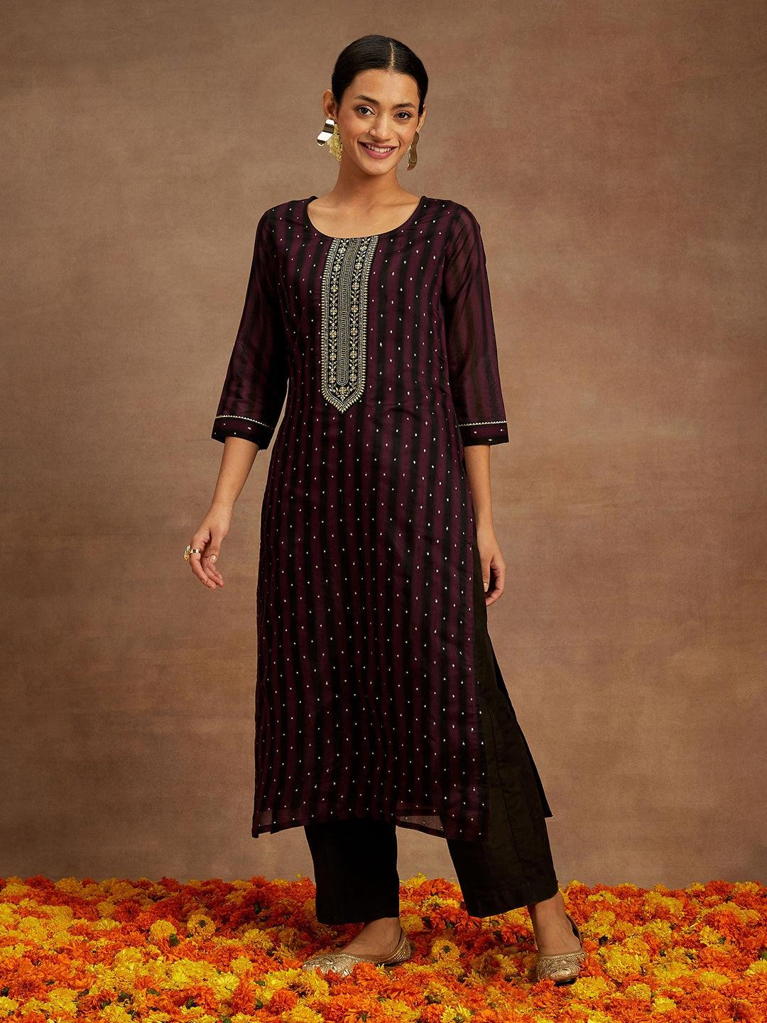 Purple Woven Design Chanderi Silk Straight Kurta - ShopLibas
