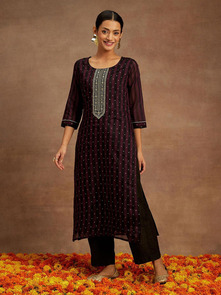 Purple Woven Design Chanderi Silk Straight Kurta