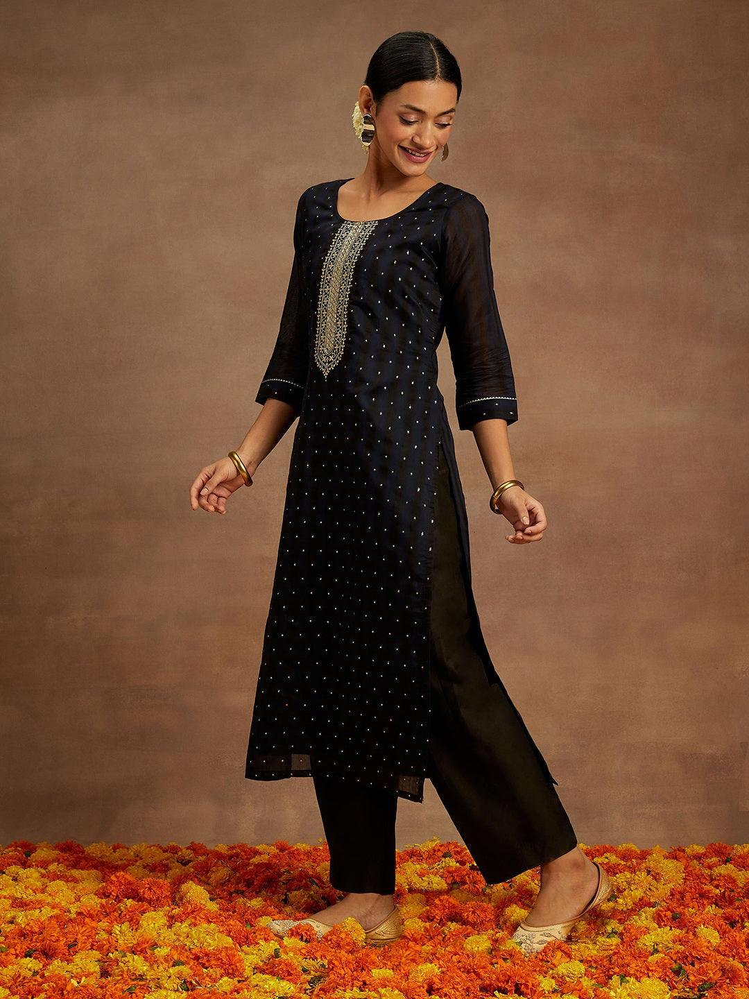 Navy Blue Woven Design Chanderi Silk Straight Kurta - ShopLibas