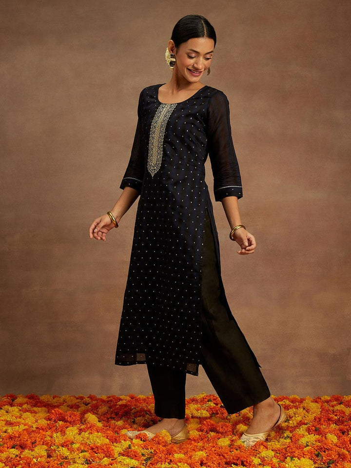 Navy Blue Woven Design Chanderi Silk Straight Kurta
