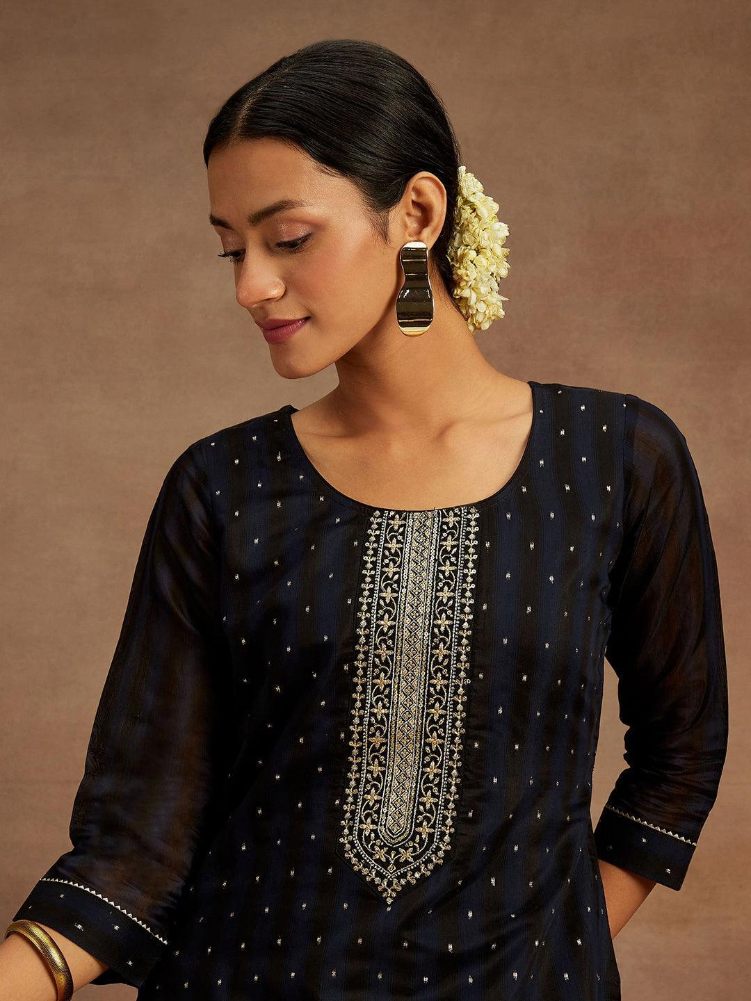 Navy Blue Woven Design Chanderi Silk Straight Kurta - ShopLibas