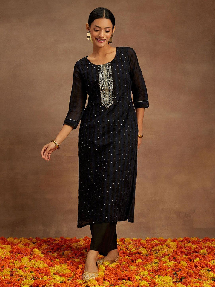 Navy Blue Woven Design Chanderi Silk Straight Kurta