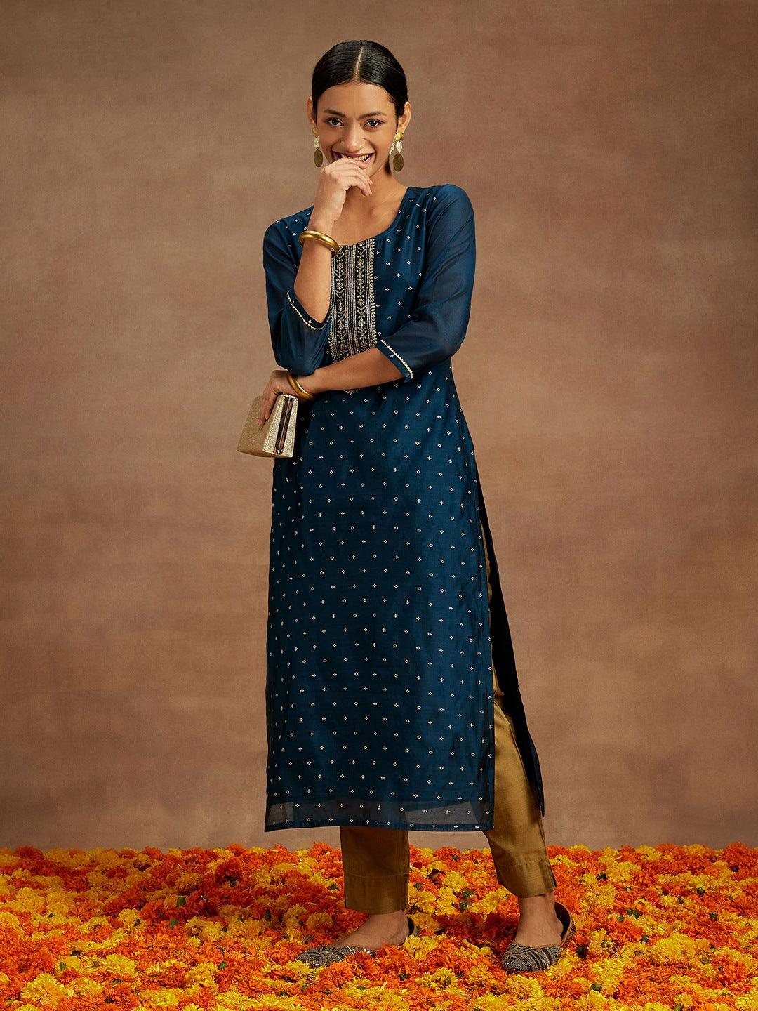 Teal Woven Design Chanderi Silk Straight Kurta - ShopLibas