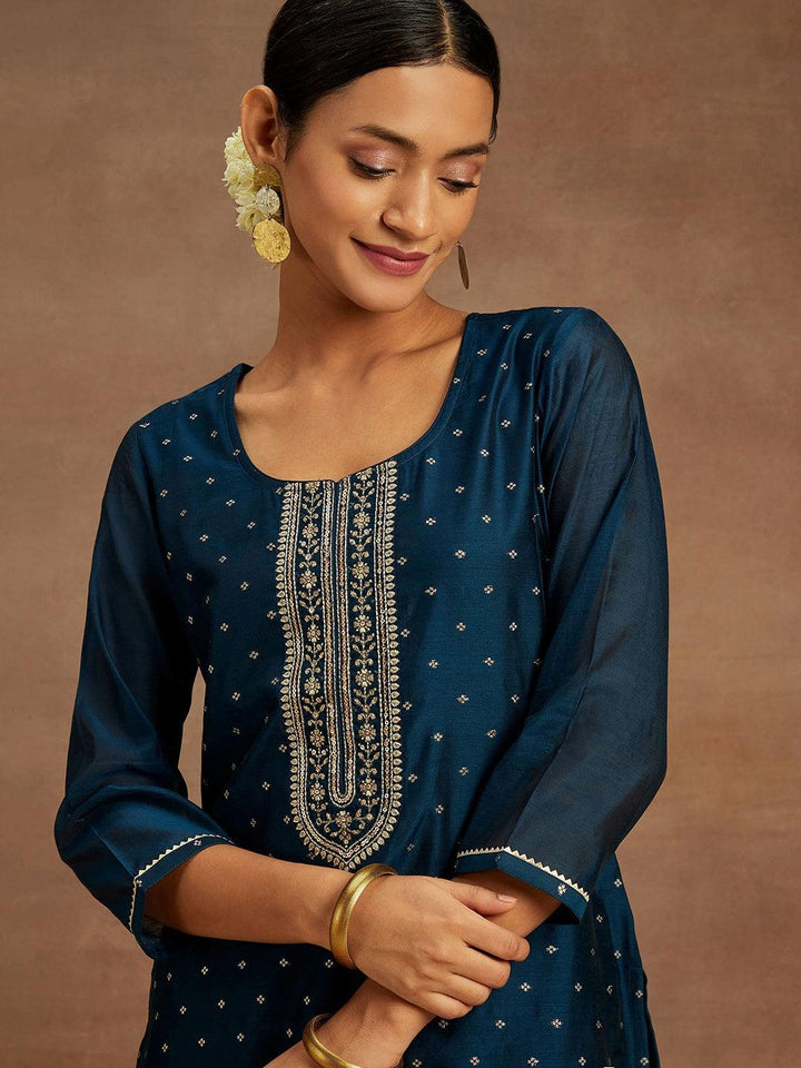 Navy Blue Woven Design Chanderi Silk Straight Kurta