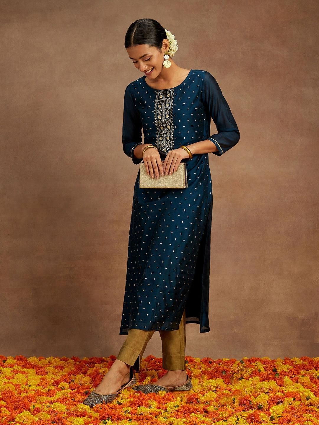 Teal Woven Design Chanderi Silk Straight Kurta - ShopLibas
