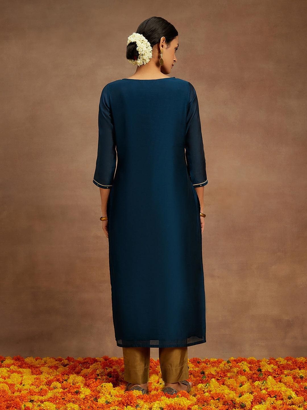 Teal Woven Design Chanderi Silk Straight Kurta - ShopLibas