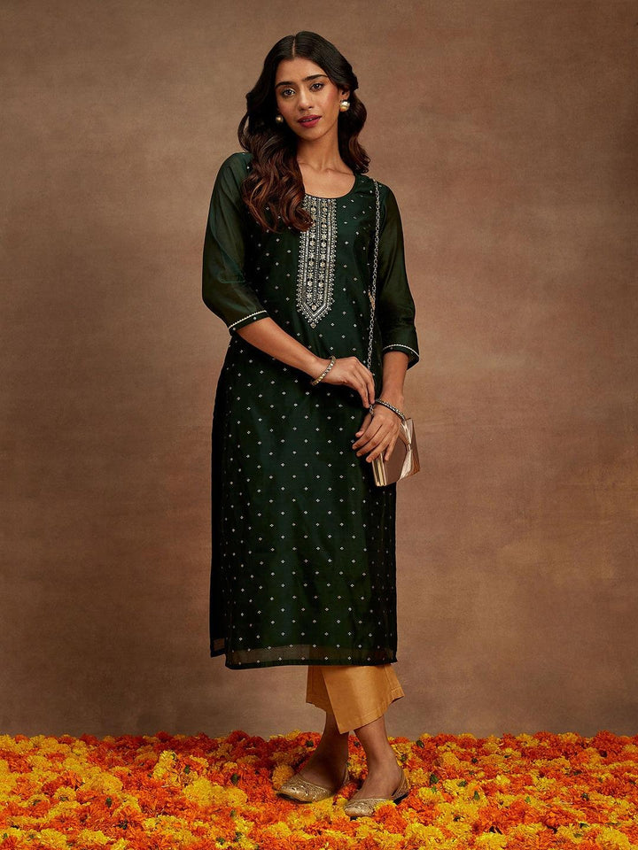 Green Woven Design Chanderi Silk Straight Kurta