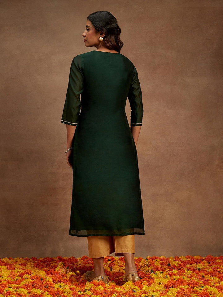 Green Woven Design Chanderi Silk Straight Kurta