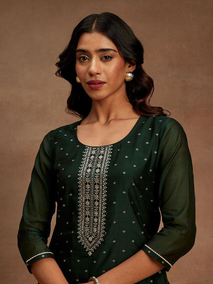 Green Woven Design Chanderi Silk Straight Kurta