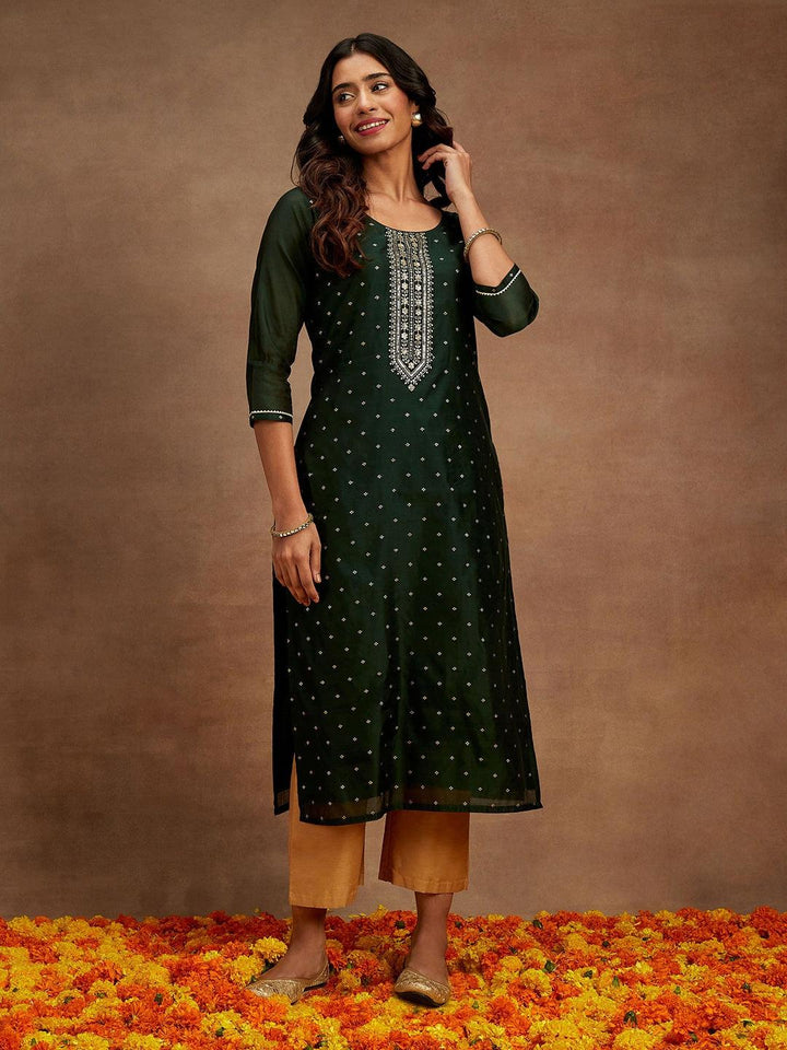 Green Woven Design Chanderi Silk Straight Kurta