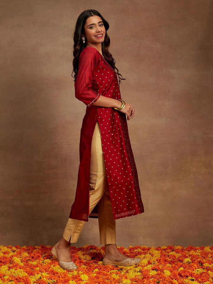 Maroon Woven Design Chanderi Silk Straight Kurta