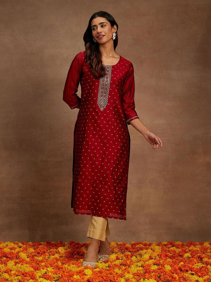 Maroon Woven Design Chanderi Silk Straight Kurta