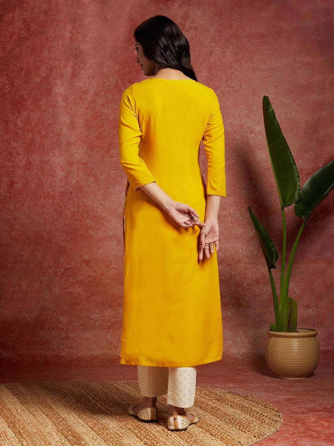 Yellow Embroidered Rayon Straight Kurta - ShopLibas