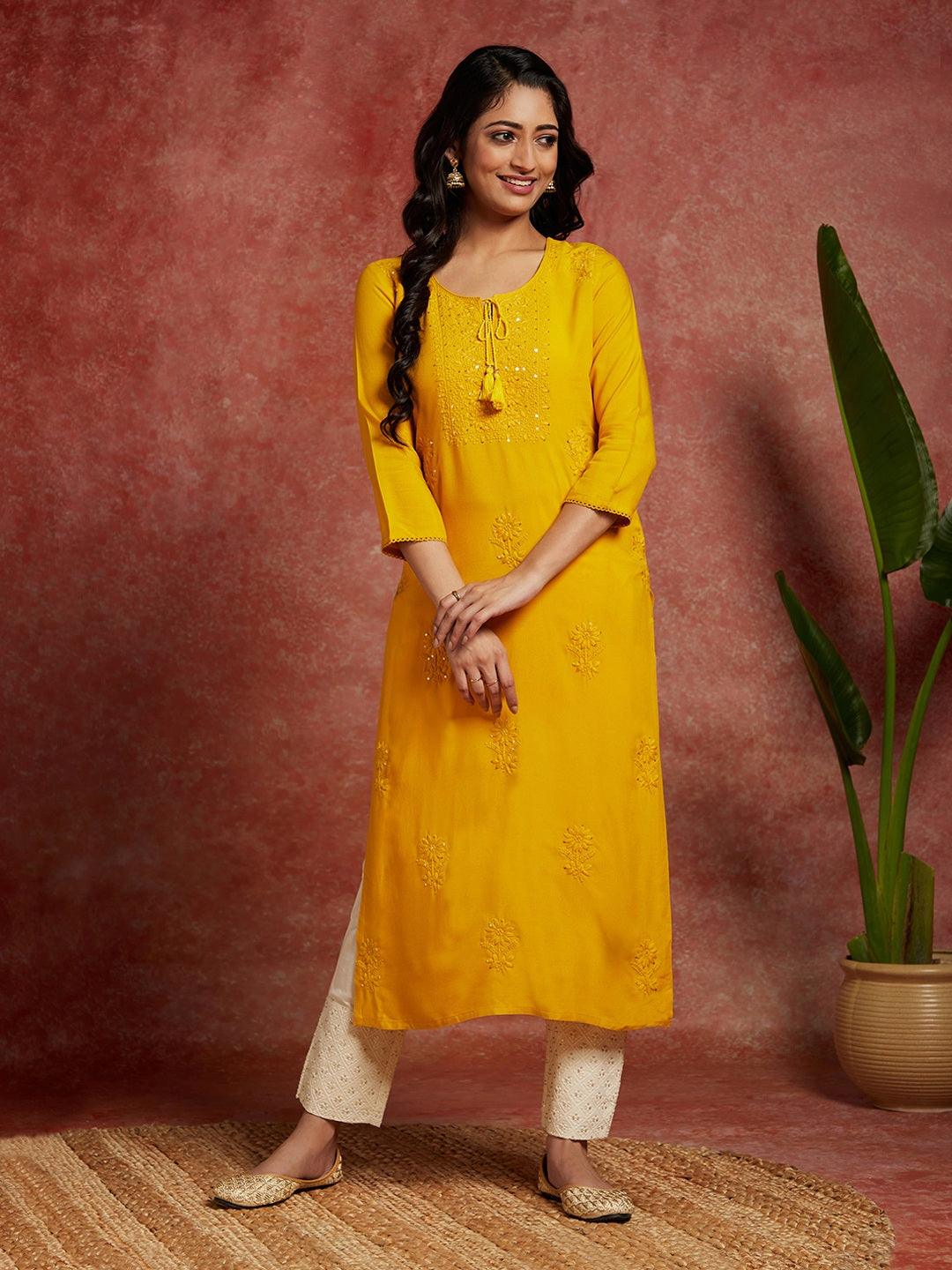Yellow Embroidered Rayon Straight Kurta - ShopLibas