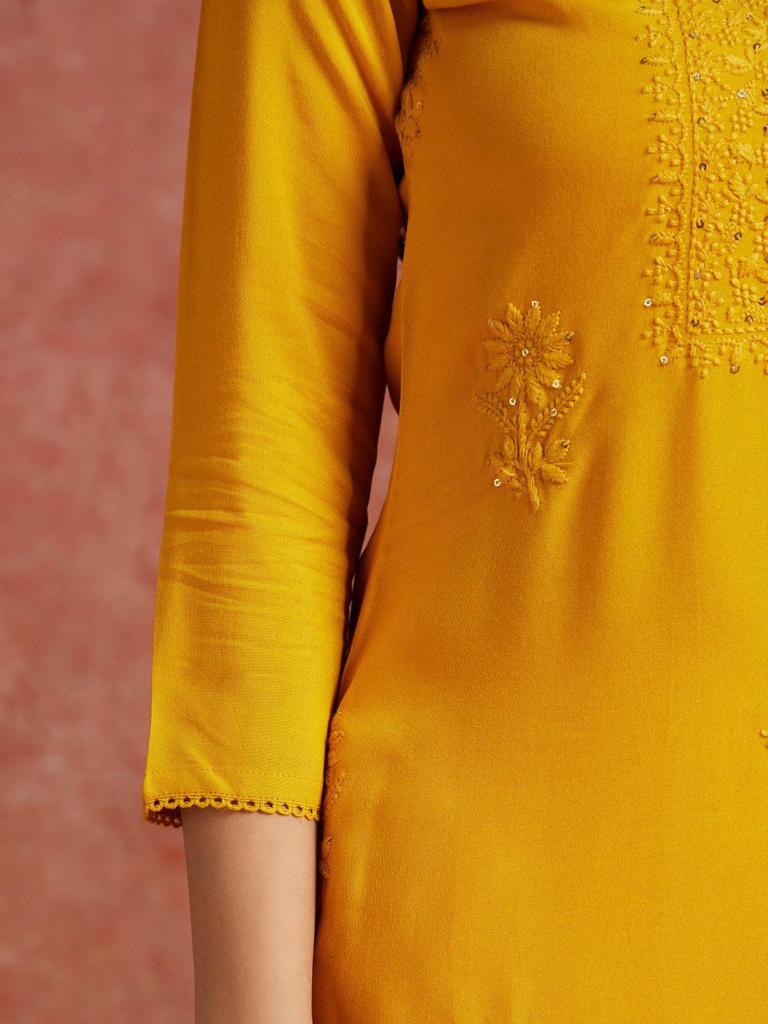 Yellow Embroidered Rayon Straight Kurta - ShopLibas