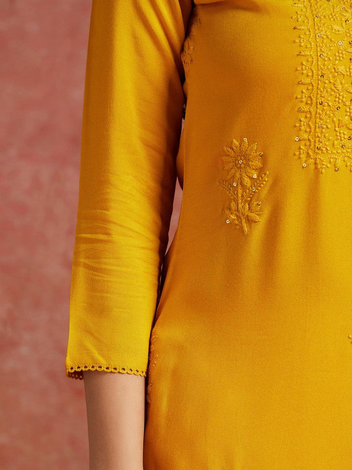 Yellow Embroidered Rayon Straight Kurta