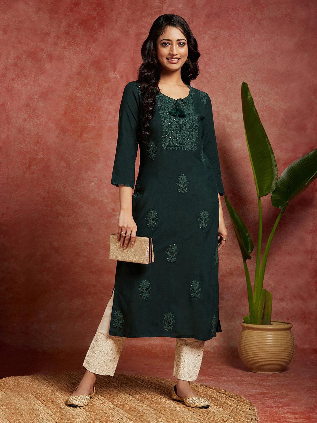 Green Embroidered Rayon Straight Kurta - ShopLibas