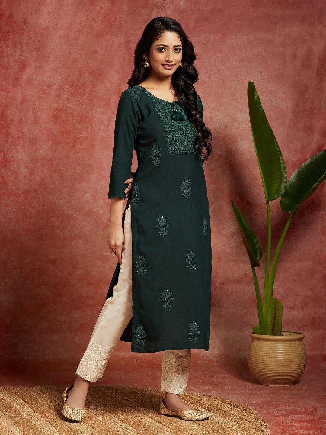 Green Embroidered Rayon Straight Kurta - ShopLibas
