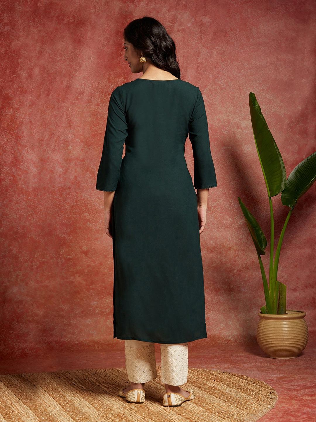 Green Embroidered Rayon Straight Kurta - ShopLibas