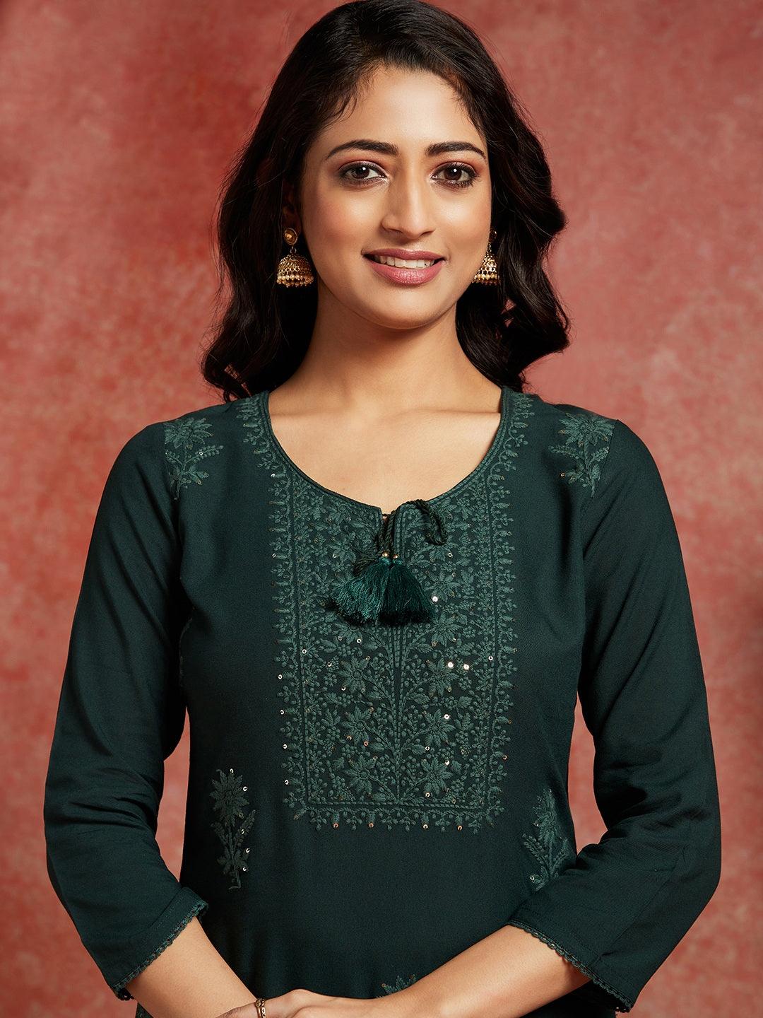 Green Embroidered Rayon Straight Kurta - ShopLibas