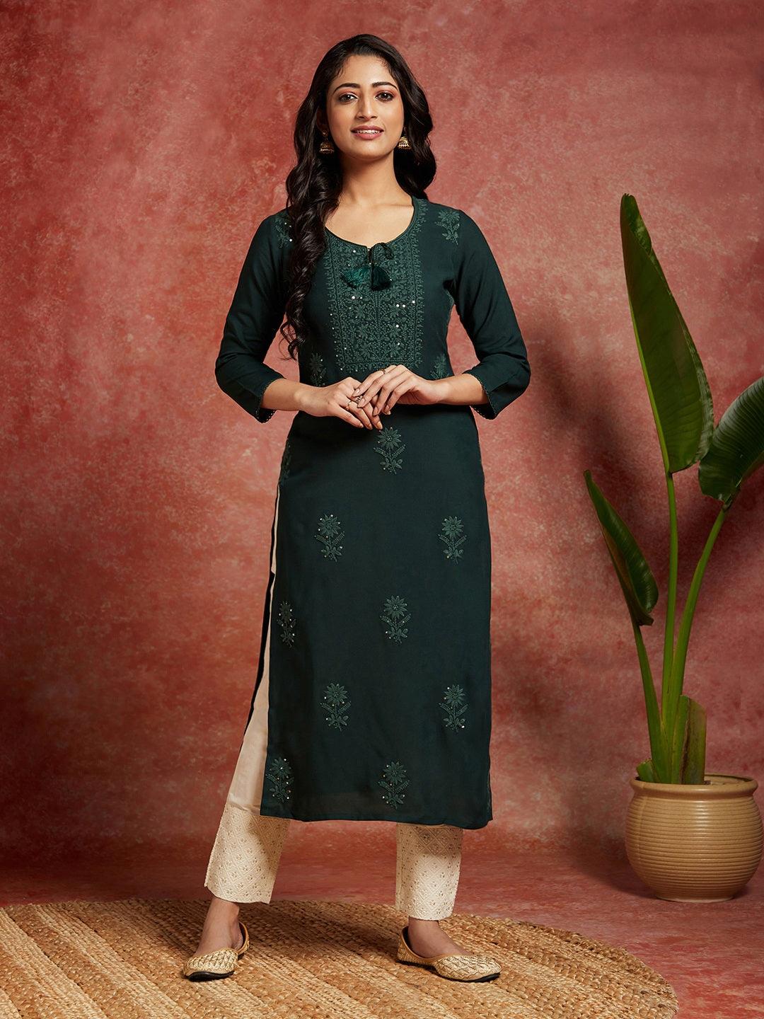 Green Embroidered Rayon Straight Kurta - ShopLibas