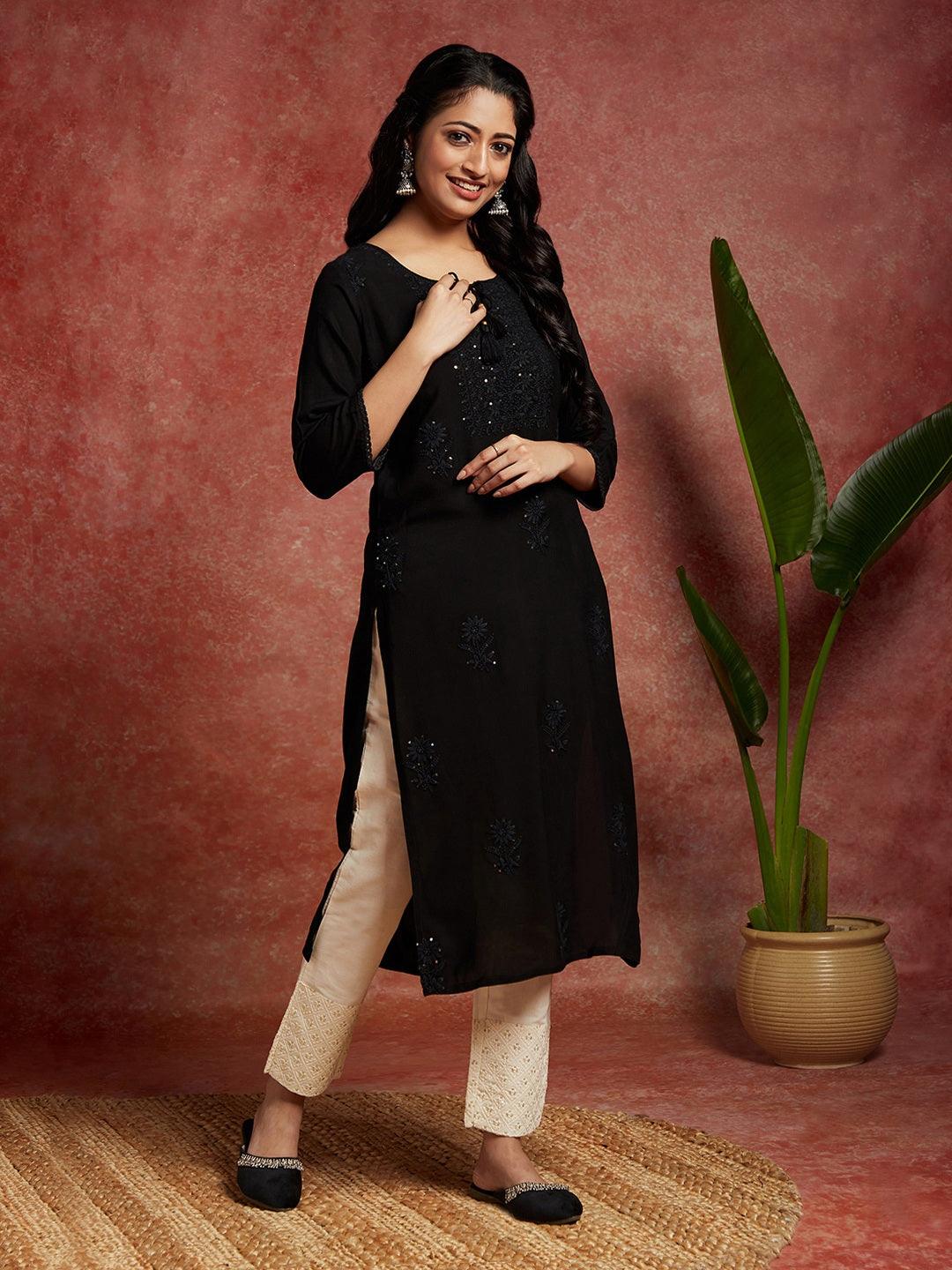 Black Embroidered Rayon Straight Kurta - ShopLibas