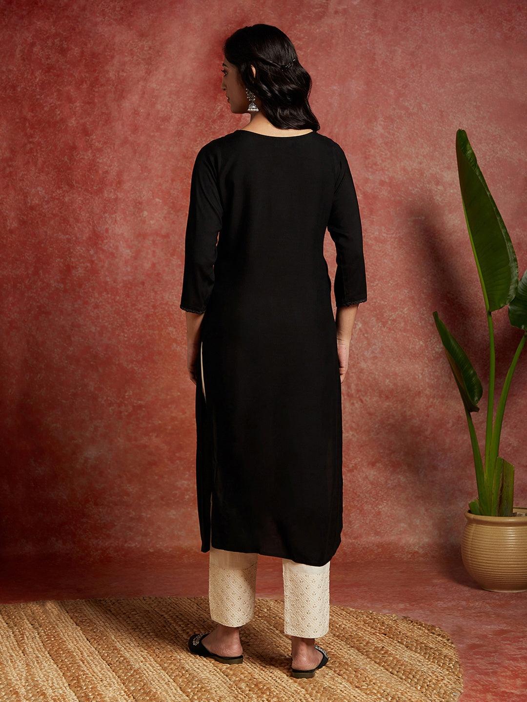 Black Embroidered Rayon Straight Kurta - ShopLibas
