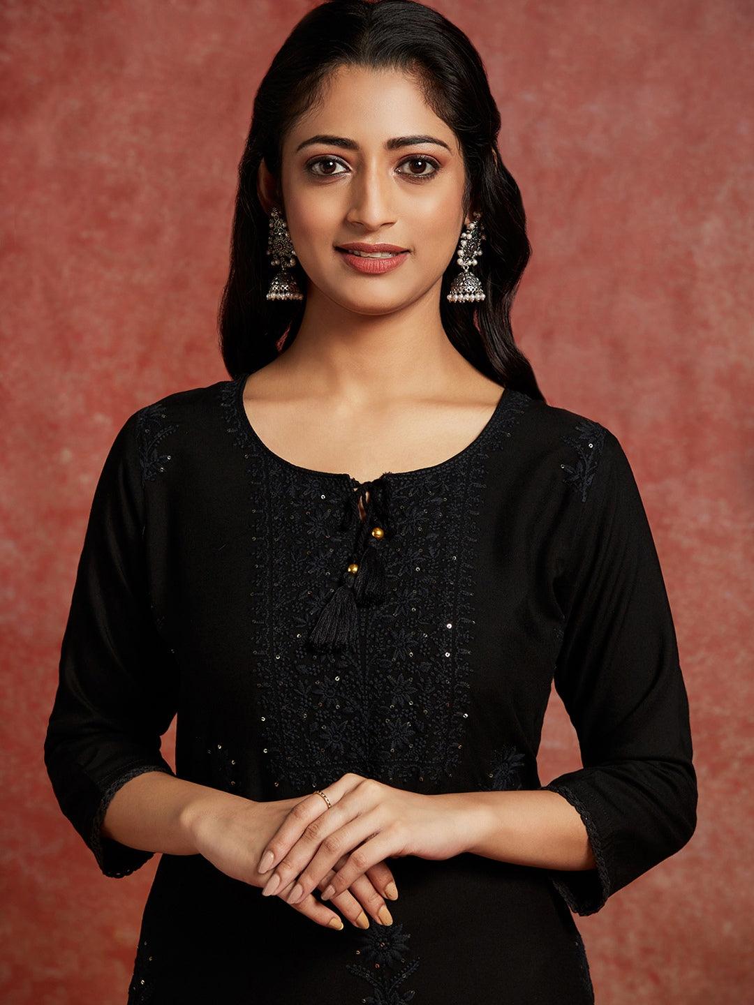 Black Embroidered Rayon Straight Kurta - ShopLibas